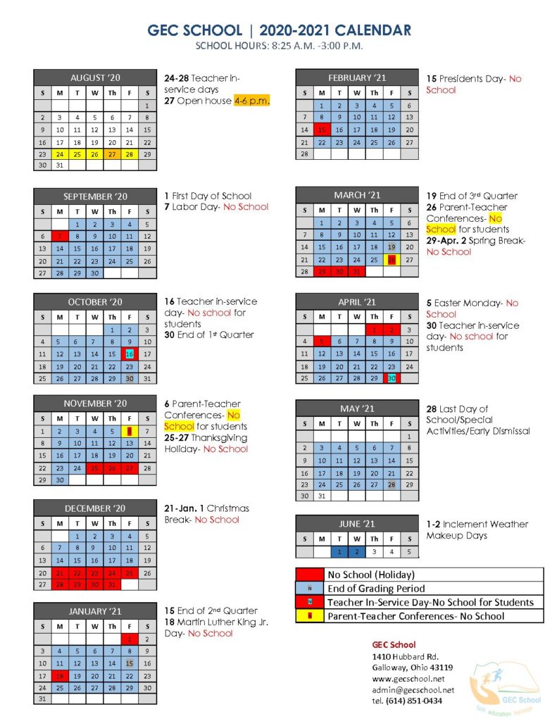 2020-2021 School Year Calendar – Gec School