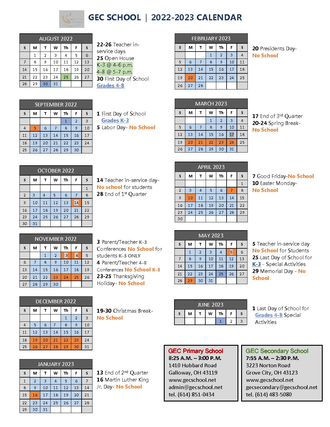 2022-2023 School Year Calendar – GEC School